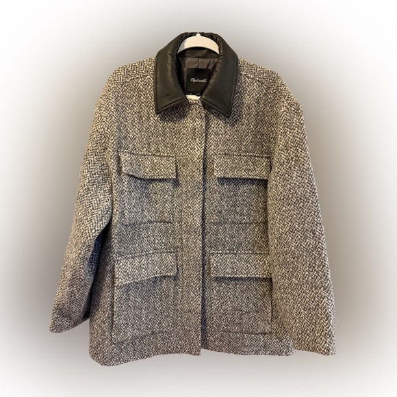 NWT Madewell Leather Collar Gray Textured Tweed Field Jacket, Size L - Picture 6 of 10